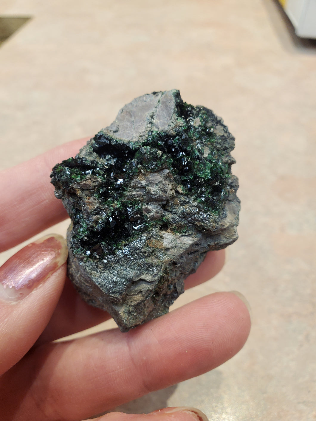 COPPER PHOSPHATE LEBETHENITE ON DOLOMITE