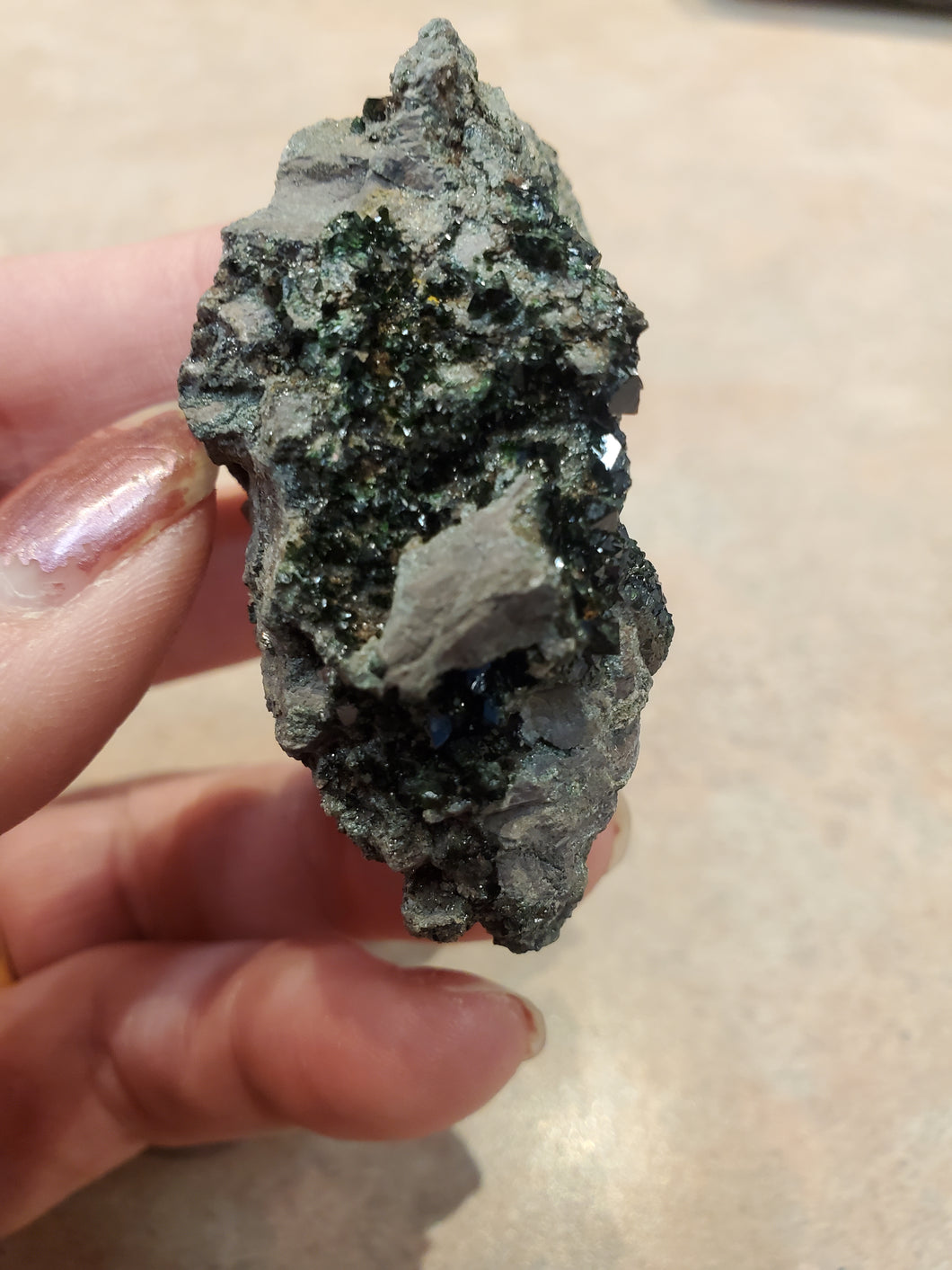 COPPER PHOSPHATE LEBETHENITE ON DOLOMITE