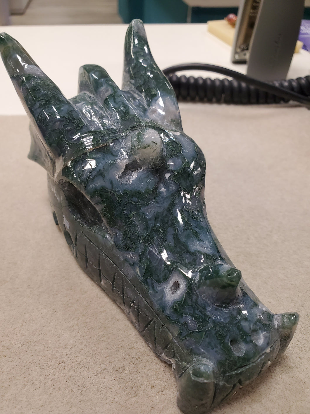 Moss Agate Dragon Skull