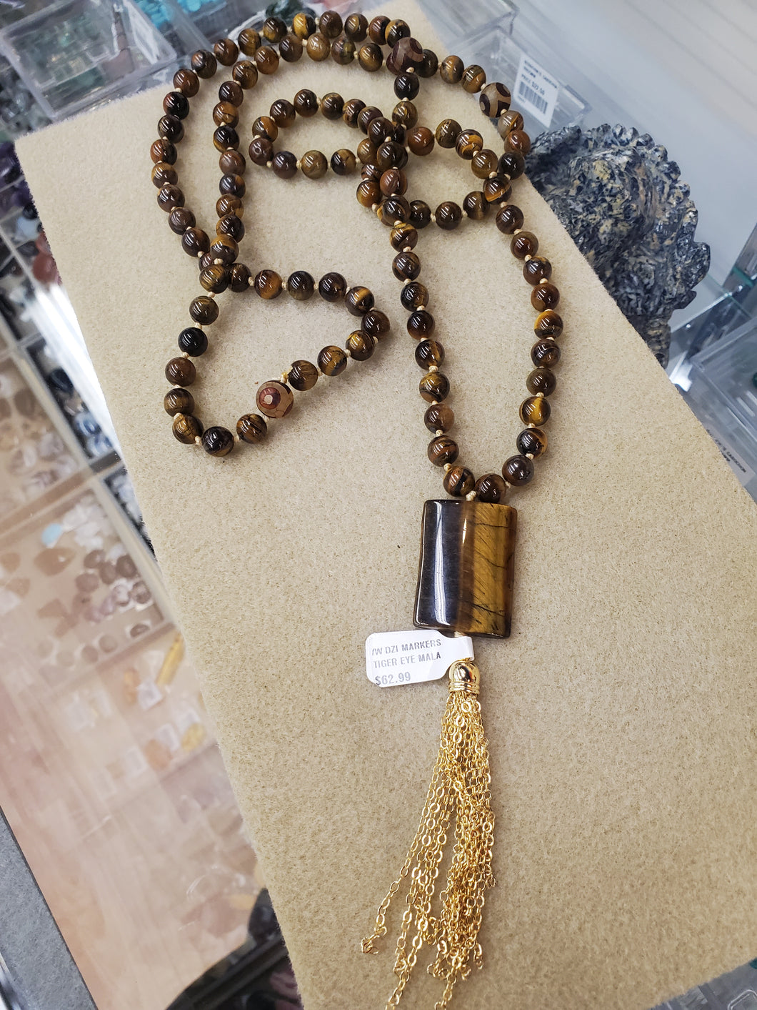 TIGER EYE MALA /W DZI MARKERS /GOLD TASSEL