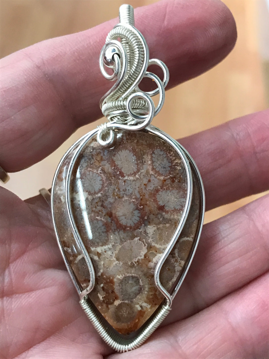 WIRE WRAPPED FOSSIL CORAL PENDANT