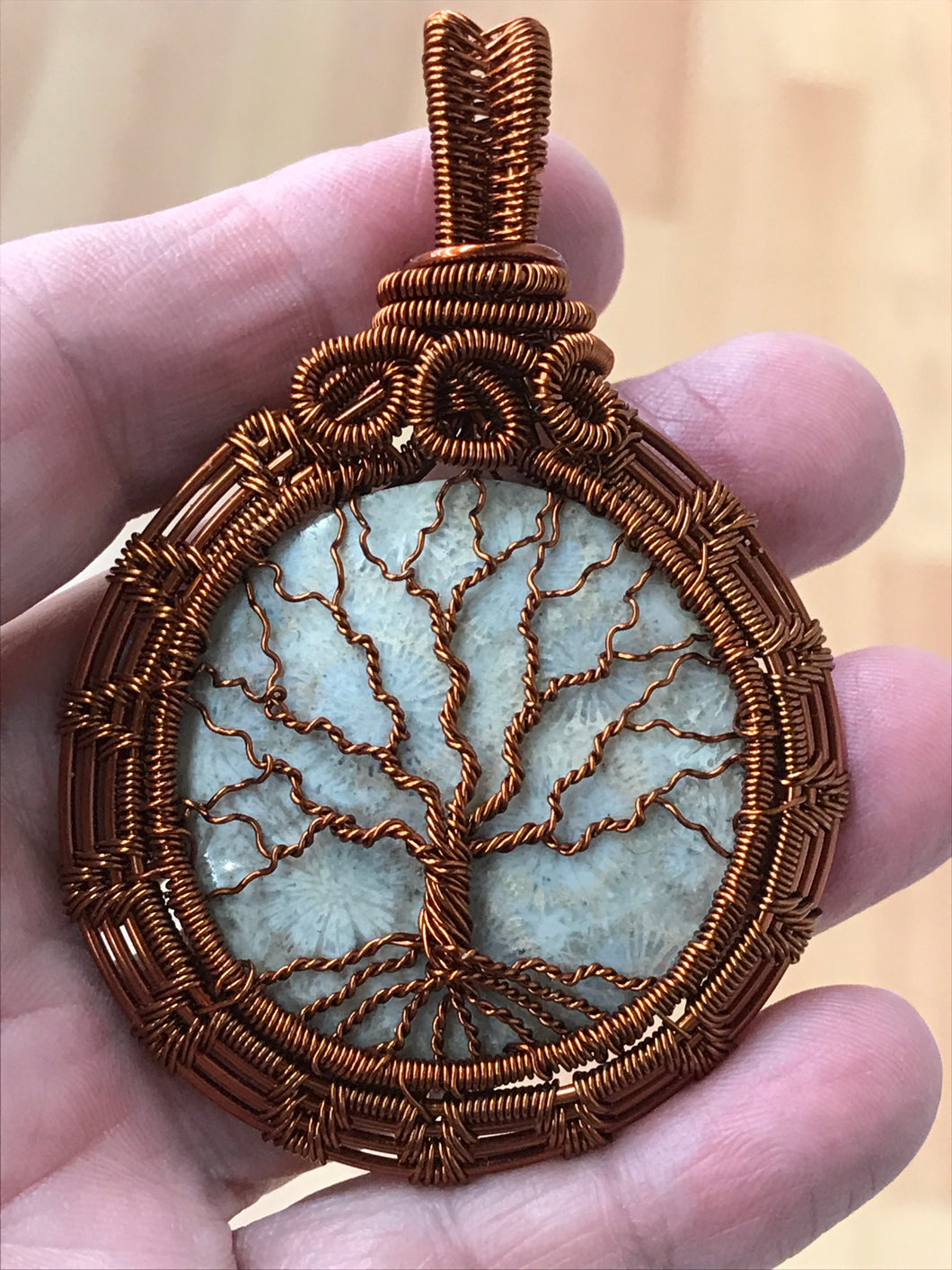 WIRE WRAPPED FOSSIL STONE TREE OF LIFE PENDANT